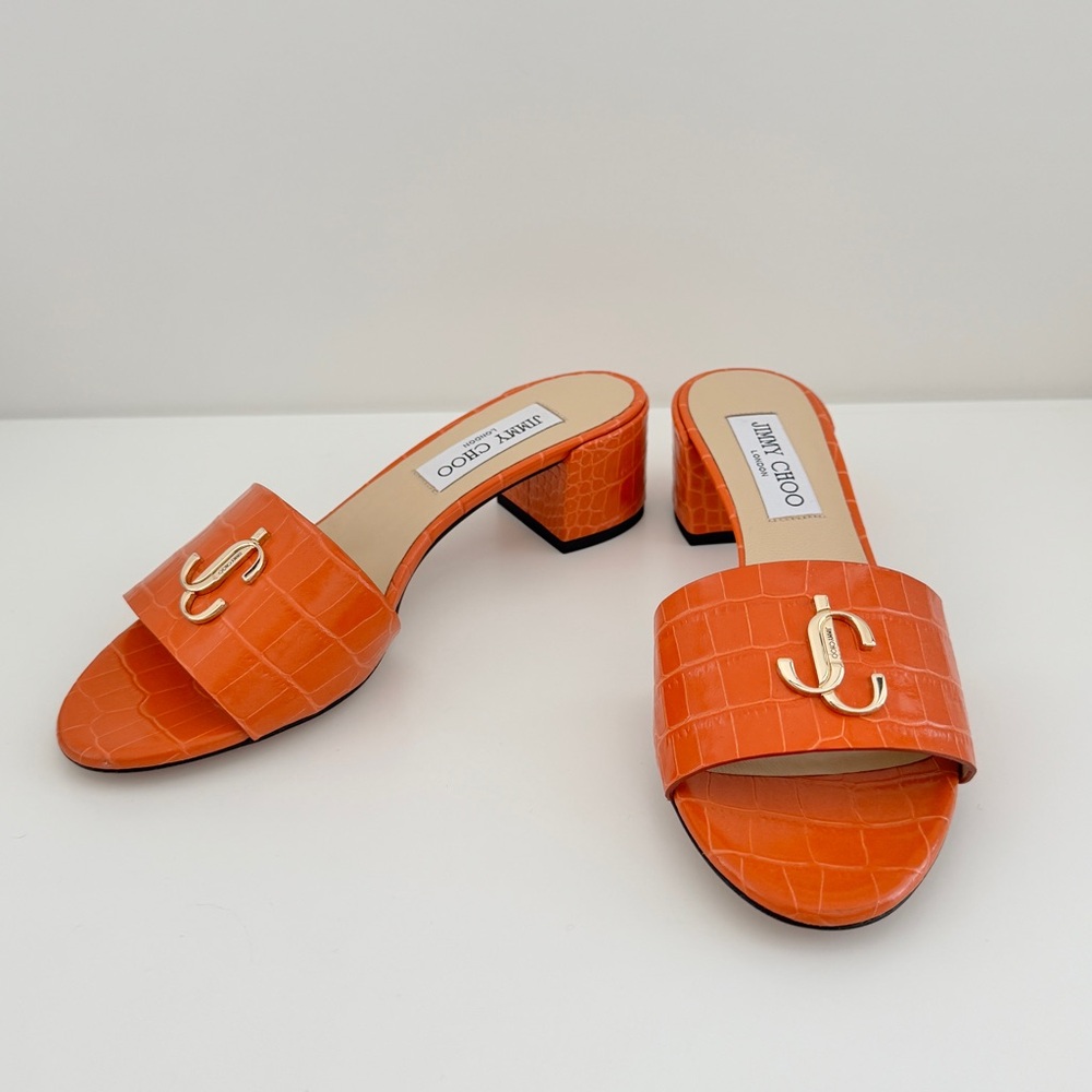 Jimmy Choo Crocodile Orange Mules with Gold Detail